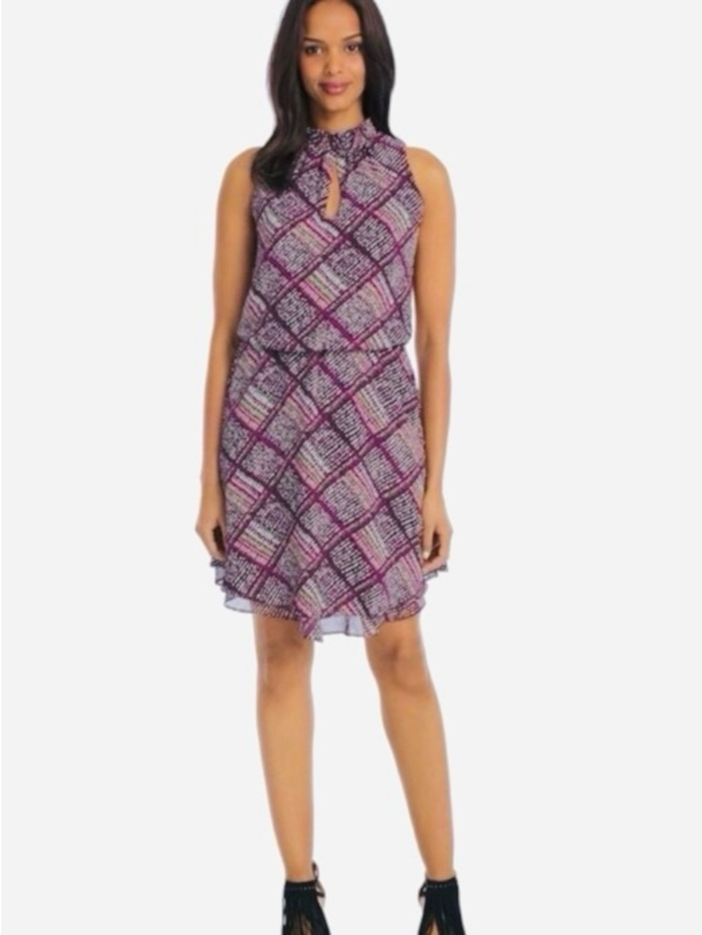 White House Black Market Purple Printed Sleeveless Keyhole Mini Dress